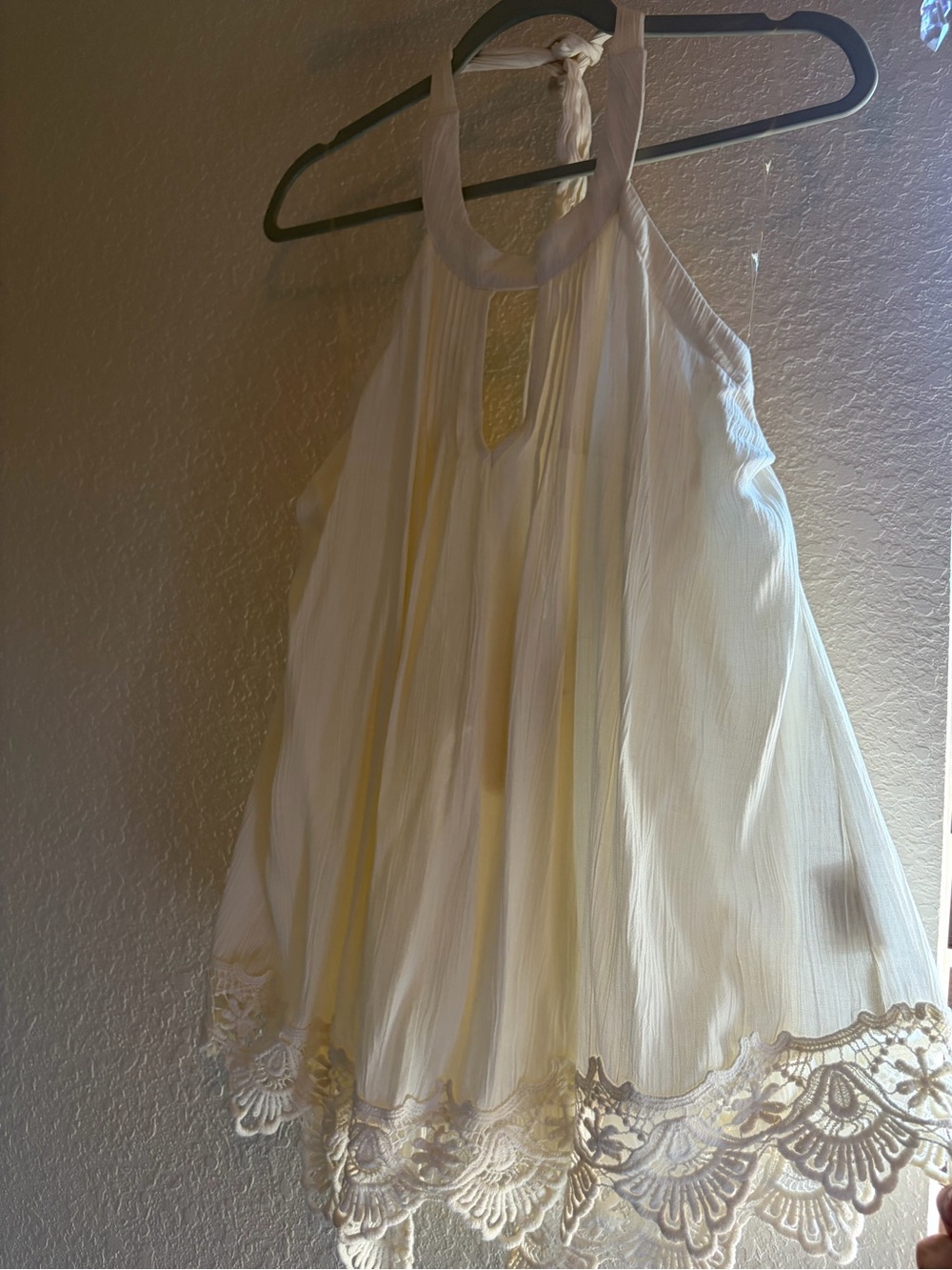 Coco + Jaimeson Cream Pleated Halter Tank with Lace Trim